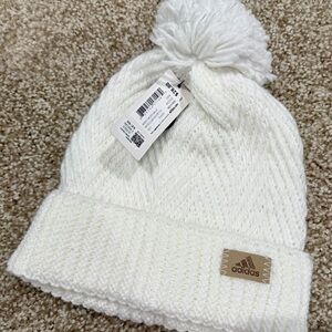 Adidas White Knit Beanie with Pom-Pom